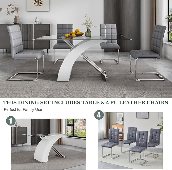 5-Piece Glass Dining Table Set, 63" White Kitchen Table with X-Shape MDF Base, Dining Room Set for 4 with 4 Leather Upholstered Chair for Kitchen, Dining Room (Gray,Silver)
