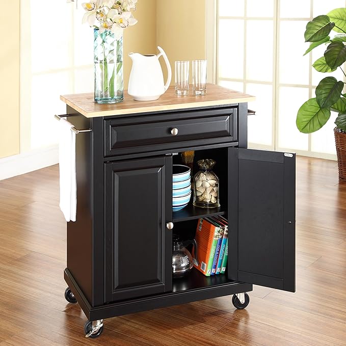 Crosley Furniture Compact Wood Top Small Rolling Cart with Shelves, Microwave Stand with Towel Rack, Black