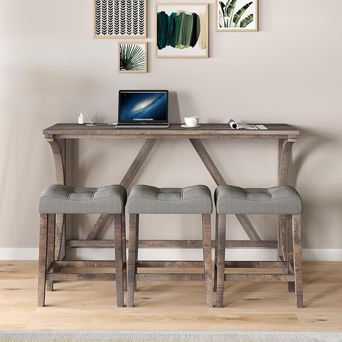 Betoko Counter Height Table Set with Stools, Breakfast Nook Bar Set, Dining Room Table and Chairs, Outlet Included, Brown Yellow