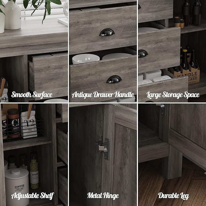 Kitchen Sideboard Cabinet Buffet with Heavy Duty Wooden Structure, 3 Drawers and 2 Doors with Ample Storage Space in Gray