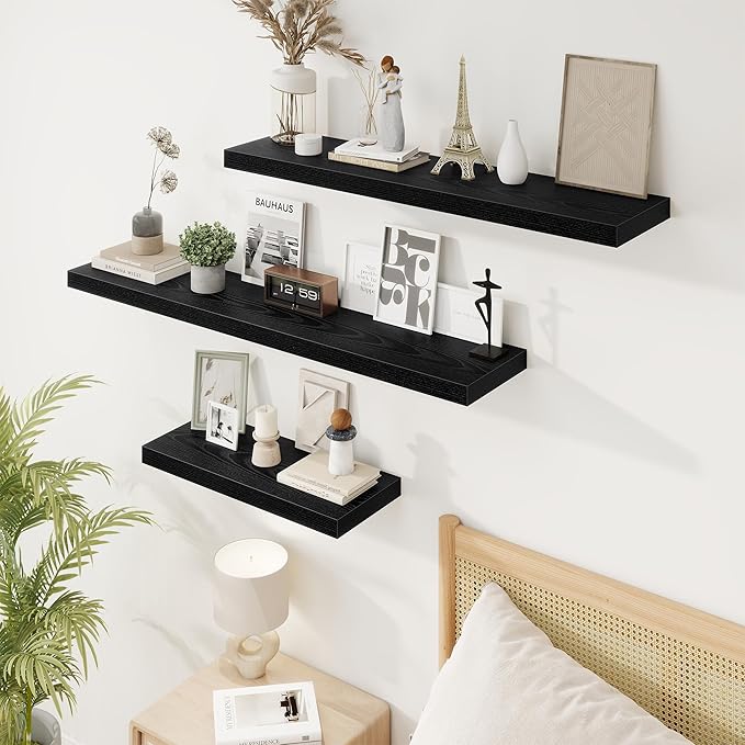 Acovy 16 Inch Floating Shelves, 9.3" Deep Floating Shelf Wall Mounted, 16" Wall Shelves, Rustic Deep Bookshelf, Large Display Shelves & Storage Shelves for Bedroom, Living Room, Black, Set of 2