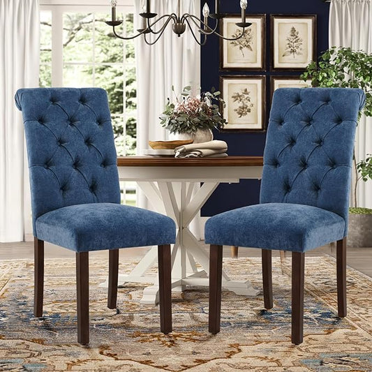 Tufted Dining Chairs Set of 6, Upholstered Parsons Dining Room Chairs, Fabric Kitchen Side Chair with Wood Legs, Blue