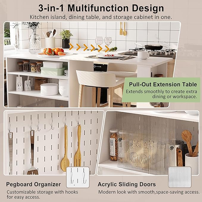 Modern Counter Height Dining Table,Extendable Kitchen Island & Buffet with Acrylic Sliding Doors,Pegboard,Half-Open Storage Shelves,Aluminum Alloy Handles (White-MC)