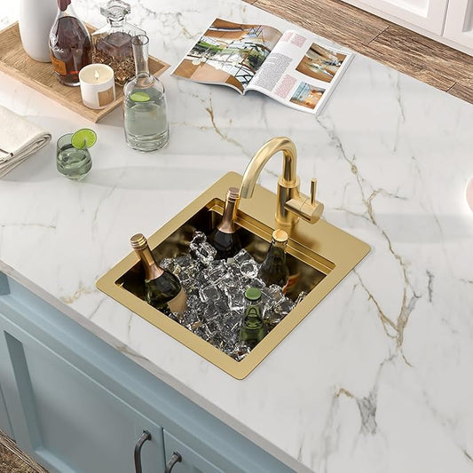 13"x15" Drop In Bar Prep Sink Workstation – Brushed Gold NANO-PVD, 16 Gauge 304 Stainless Steel, Single Bowl Top Mount Wet Bar RV Outdoor Kitchen Sink with Faucet