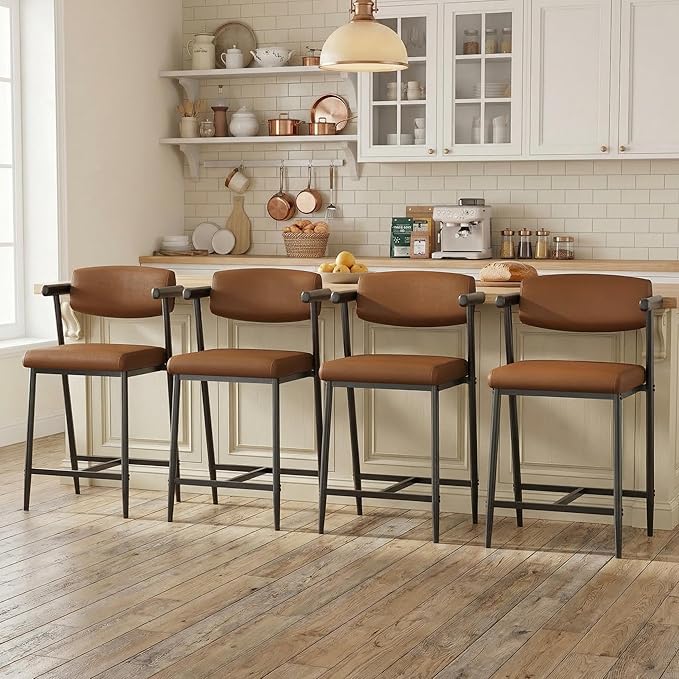 GarveeHome Counter Height Bar Stools Set of 4 with Armrests, 26" Upholstered 4pcs Tall Bar Stools Set, Long Backrest & Extra Thick Cushion, Modern High Barstools for Kitchen Island, Pub, Coffee Brown