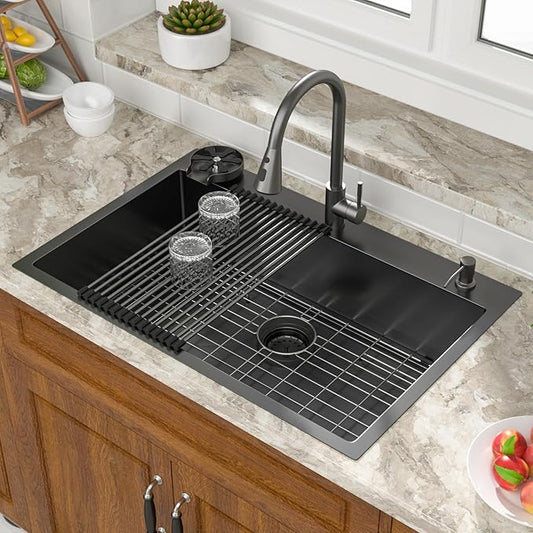 Mocoloo 33x22 Drop In Kitchen Sinks with Faucet 33 Inch Black Drop In Kitchen Sink 16 Gauge Stainless Steel Single Bowl Topmount Outdoor Sinks with Pull-out Faucet, Cup Washer and Soap Dispenser