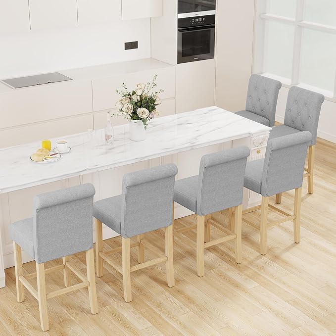 LSSBOUGHT 24" Bar Stools Set of 2 for Kitchen Island Upholstered Counter Height Bar Stools with Button Tufted Decoration Barstools Home Kitchen Island Wooden Bar Chairs, Beige