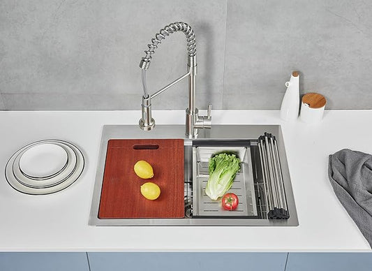 MENATT 25 x 18 Inch Drop in Workstation Kitchen Sink, 25 Inch Single Bowl Handmade Topmount Kitchen Sink, 18 Gauge Stainless Steel 9'' Deep Kitchen Workstation Sink with Cutting Board& Strainer