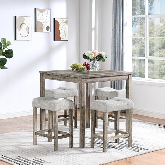 Ball & Cast 5 Piece Wooden Dining Table and Chairs Set for 4, 24" H Tufted Counter Stools with 35" Square Bar-Table, Industrial Breakfast Table with 4 Padded-Stool for Kitchen Island Playroom, Brown