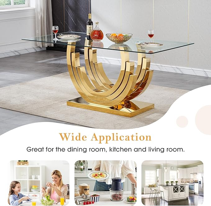 70" Luxury Glass Dining Table for 4 to 6 People, Modern Dining Room Table, Tempered Glass Top & Mirrored Finish Stainless Steel Pedestal, Large Rectangle Kitchen Dining Table Long Dinner Table, Gold