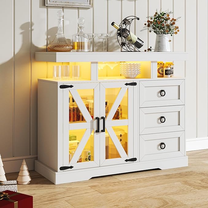 HNEBC LED Farmhouse Sideboard Buffet Cabinet with Storage, Wood Coffee Bar Station Table w/Charging Station, Large Kitchen Storage Cabinet w/Adjustable Shelf and 3 Drawers for Dining Room (White)