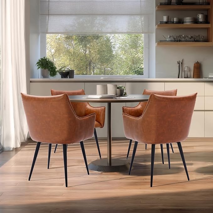 Brown PU Leather Chair, Upholstered Dining Room Chairs with Arms Set of 6 Mid Century Modern Kitchen Chair with Black Metal Legs Comfy Desk Armchair for Restaurant