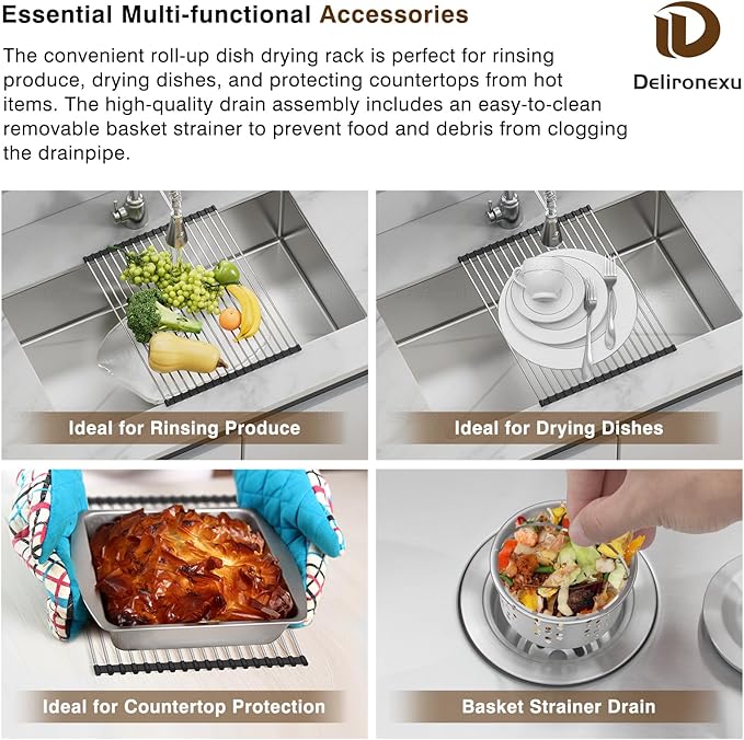 30 Inch Undermount Kitchen Sink - Delironexu 16 Gauge Stainless Steel Handmade Single Bowl Kitchen Sinks with Brushed Finish and Accessories, Modern Sink,30"x18"x9"