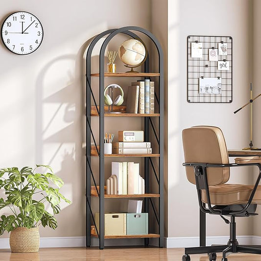 HOOBRO Bookshelf, 5-Tier Bookshelf Arched Display Racks, Industrial Bookcase with Metal Frame, Book Shelf Storage Organizer for Living Room, Office, Bedroom, Rustic Brown and Black BF425SJ01