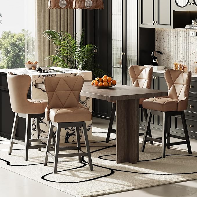 MALOL Swivel Bar Stools Set of 6, PU Leather Mid Century Mondern Barstools, 26 inch Counter Height Bar Chairs with Solid Back and Wood Legs, for Kitchen Island,Brown