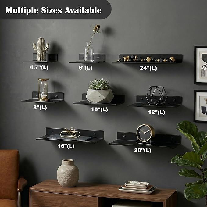 Z metnal 2 Pack 6 Inch Metal Floating Shelves with Safety Lip, Small Wall Mounted Shelf Holds Up to 5 Lbs, Matte Black Lightweight Display Ledge with Hidden Screw Caps for Bathroom, Bedroom