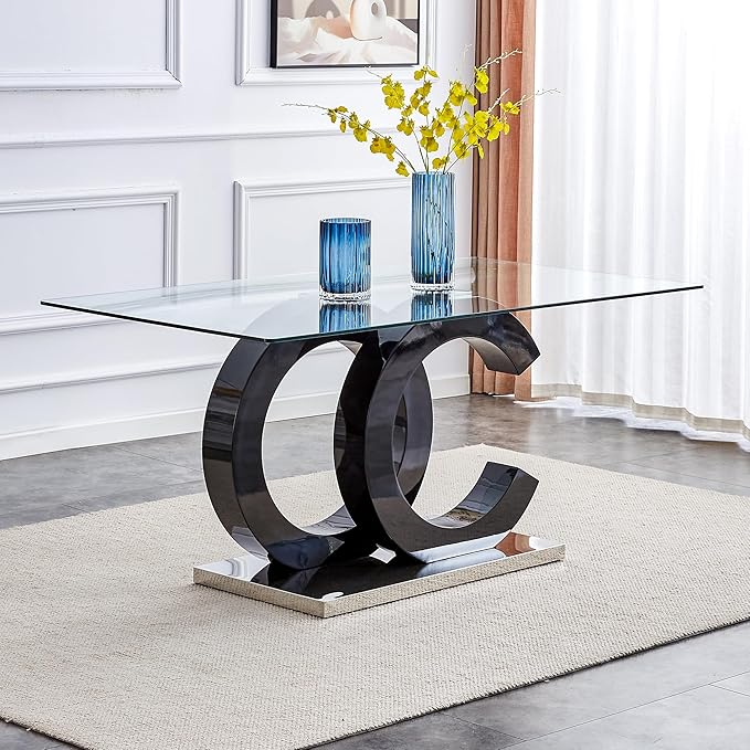 Ebullient 63" Glass Dining Table, Black OC Design Base Rectangular Glass Kitchen Table, Glass Top Dining Table for 4-6 Persons Table Furniture for Dining Room/Kitchen