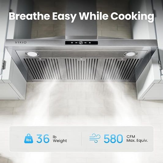 VIKIO HOME Wall Mount Range Hood 36inch, 580 CFM, Ducted/Ductless Convertible, Stainless Steel Kitchen Vent Hood with 3-Speed Fan and LED Lights