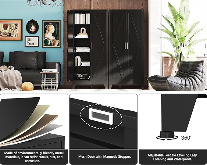 71" H Black Metal Storage Cabinets,Garage Storage Cabinet,Tall Pantry Cabinet with Doors,Kitchen Food Storage Cabinet,Farmhouse Storage Cabinets for Kitchen, Dining Room