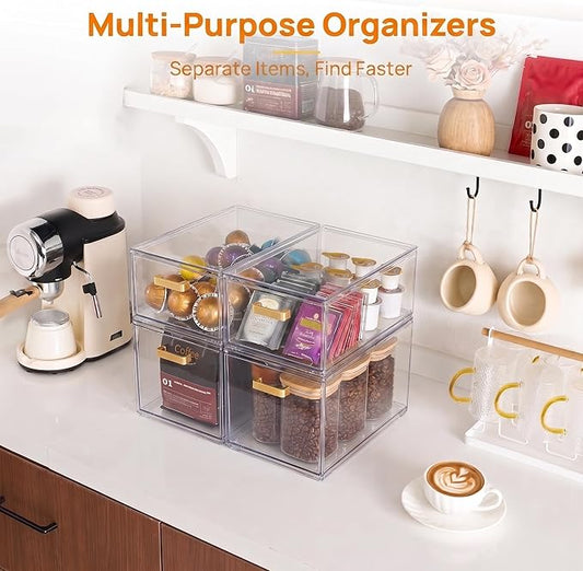 LALOBLUE Clear Stackable Drawer Organizer, 4 Pack Acrylic Storage Drawers with Pull-Out Design, Space-Saving Organizer for Bathroom, Vanity, Kitchen & Office