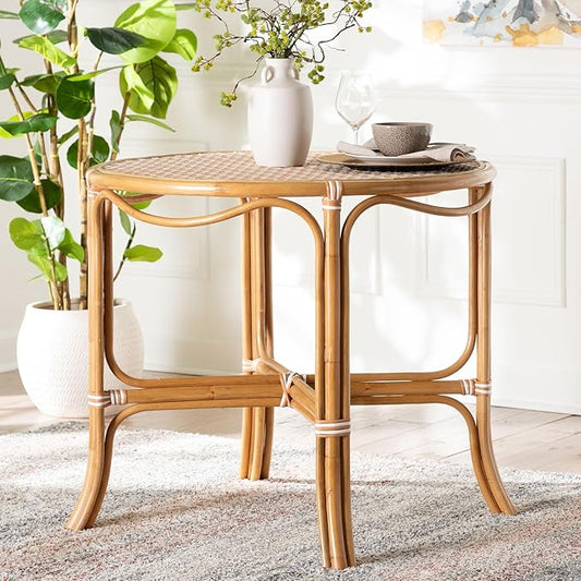 Bali & pari Mattie Natural Rattan Round Bistro Dining Table - Handwoven Cafe-Style Accent Table for Kitchen or Indoor/Outdoor Lounge, Honey Natural & White