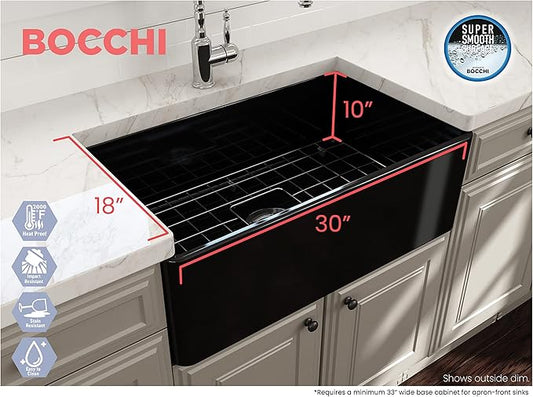 BOCCHI Classico Farmhouse Apron Front Fireclay 30 in. Single Bowl Kitchen Sink with Protective Bottom Grid and Strainer in Black