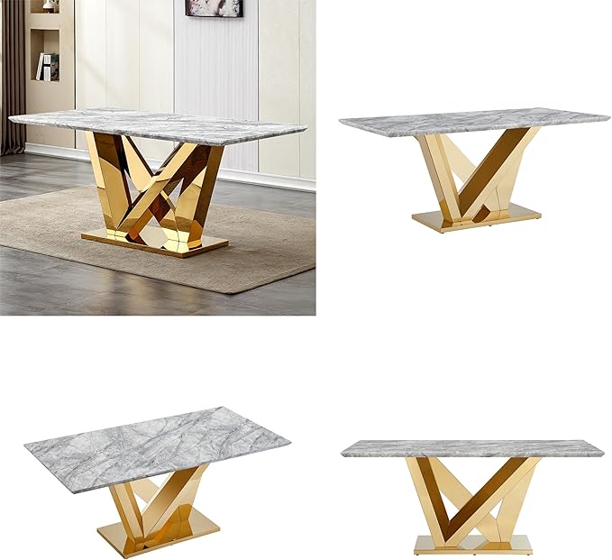 70" Marble Dining Table for 6-8, Modern Luxury Gold Rectangular Large Kitchen Table, Marble Grain MDF Tabletop & Stainless Steel Base, Dinner Furniture for Kitchen Dining Room, Meeting Room, Grey