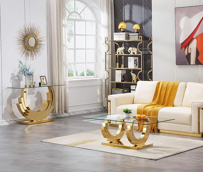 Glass Living Room Table Set of 2, Modern Glass Coffee Table with 1 Console Tables Set for Apartment, Luxury Coffee Table Sets Perfect for Living Room, Stainless Steel Frame