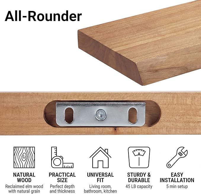 PERFNIQUE 24 Inch Floating Shelves Set of 2, Solid Elm Wood Rustic Live Edge Wall Decor Shelves - Invisible Bracket Mount for Living Room, Kitchen, Bathroom, Natural.