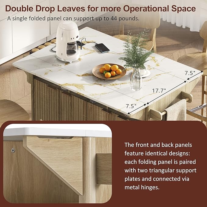 Modern Dining Table Kitchen Island with 2 Drop, Cart Power Outlet, 4 Doors Spice Rack, Rolling Table Faux Marble Top, Curved Edge Wood Console,Natural-MDF