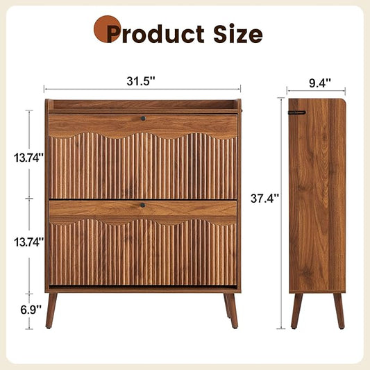 BERRYMERRY 31.5” Fluted Shoe Storage Cabinet with 2 Flip Drawers,Freestanding Narrow Shoe Organizer Cabinet with Wave Profile for Entryway,Hallway,Living Room