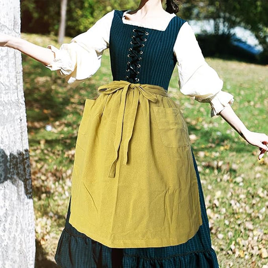 Cityelf Cotton Linen Half Apron for Women Vintage Waist Apron Ruffle Plain Bright Color for Cooking Painting Artwork