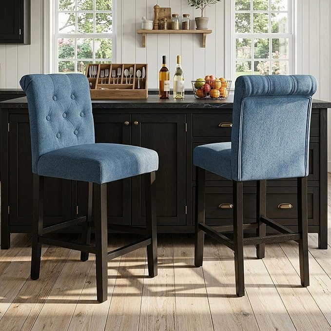 LSSBOUGHT 24 Inches Upholstered Counter Stools, Bar Stools Set of 4, Fabric Counter Stools with Back, Counter Height Bar Chairs with Solid Wood Legs for Home Kitchen Island Dining Room, (4pcs,Blue)