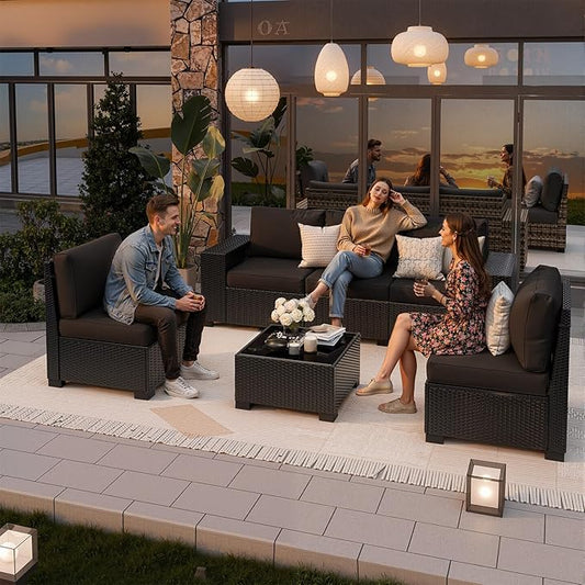 Patio Furniture Set, Wide Armrest Outdoor Furniture Set with Thick Cushions, 6 Piece Wicker Rattan Patio Sectional Sofa for Backyard, Poolside, Garden