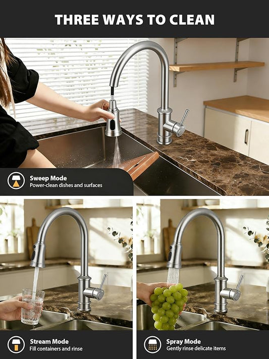 Hiqufet Vintage Kitchen Faucets with Pull Down Sprayer, Stainless Steel High Arc Kitchen Sink Faucet, Drip-Free 3 Spray Mode Faucet with 360° Rotation, Easy DIY Single Hole Install (Brushed Nickel)