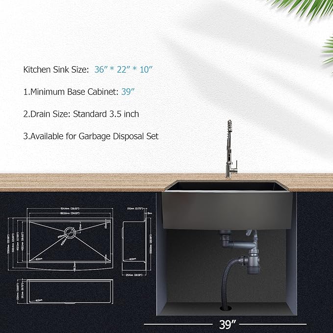 36 Black Farmhouse Sink - Lordear 36 Inch Kitchen Sink Ledge Workstation Gunmetal Black 16 Gauge Single Bowl Apron Front Farm Sinks Basin, 9" Apron Height