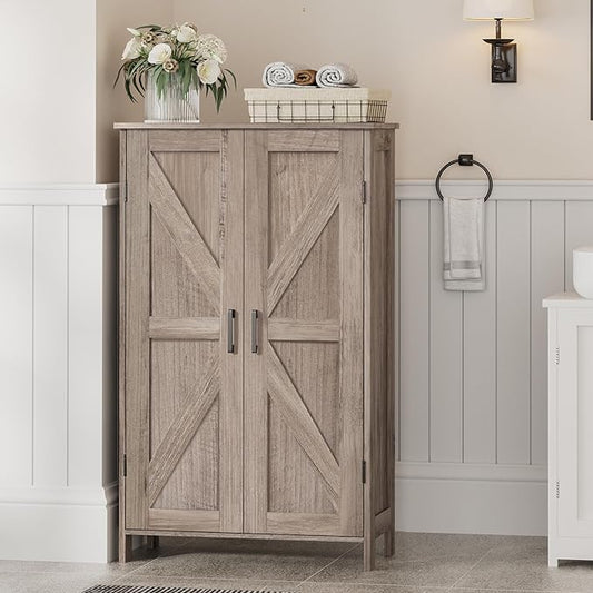Homleke Farmhouse Bathroom Cabinet with Adjustable Shelves, Free-Standing Storage Cabinet with Barn Doors, for Kitchen, Living Room, Dining Room, Entryway, Greige