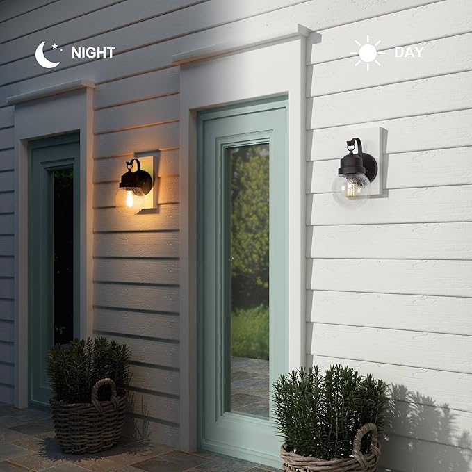 LALUZ Outdoor Porch Wall Lighting, Anti-Rust Exterior Wall Light Fixture with Globe Seeded Glass, Weather-Proof Outdoor Sconce Lights Black Outside Wall Lantern for Patio, Garage, Yards