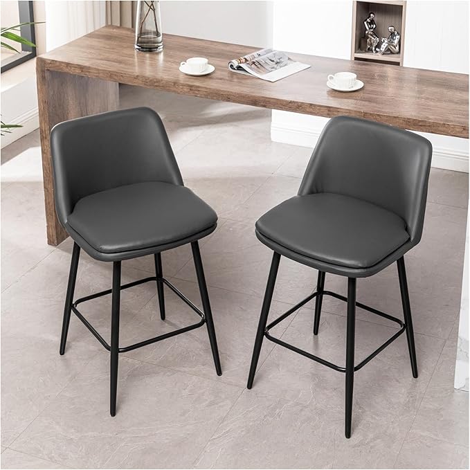 Counter Height Swivel Bar Stools Set of 2, 360° Swivel Upholstered Barstools with Back and Metal Legs, 25.6" Seat Height,Counter Stools for Kitchen Island and Pub,Faux Leather,Grey,for Living Room