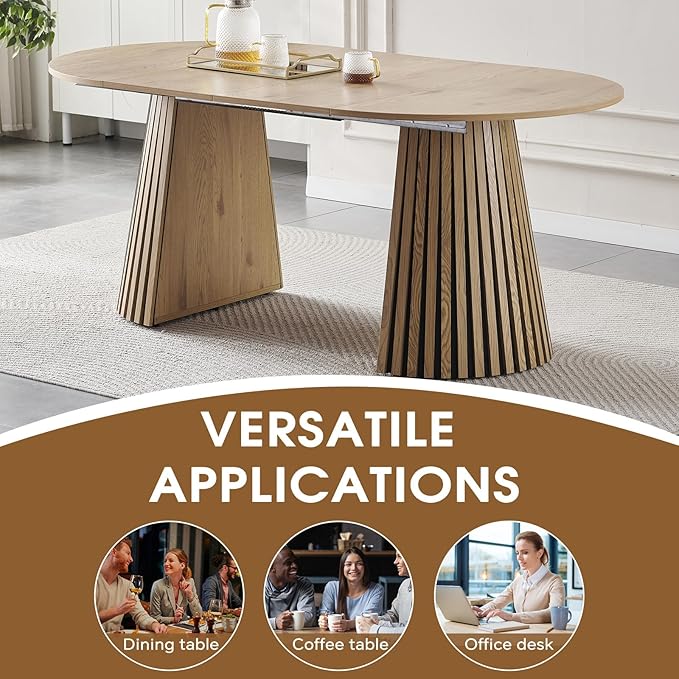 39.37-70.87 in Extendable Round Dining Table for 4 6 8, Modern Farmhouse Oval Dining Table with Removable Leaves & Solid Slatted Base, Wooden Expandable Dining Room Table for Kitchen Living Room
