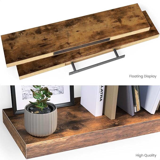 Ballucci Floating Shelves for Wall, 36" Wood Wall Shelf Set of 2, with Invisible Brackets for Bathroom, Living Room, Bedroom, Kitchen, Nursery, 8" Deep, Rustic Brown