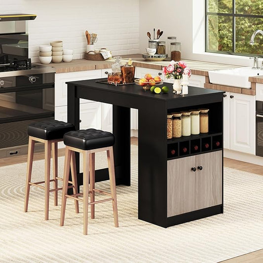 48’’ Dining Table, Modern Kitchen Table with Storage Shelves, Cabinet & Wine Rack, Counter Height Bar Table for Kitchen, Dining Living Room, Bar, Restaurant, Pub, Coffee Shop