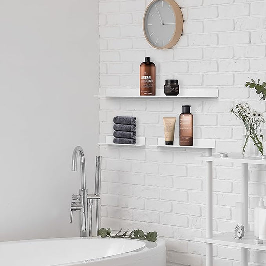 Z metnal Small Floating Shelves, No Drilling Mini Display Shelf for Phone Ceiling, Slim Narrow Lack Wall Shelf, Aluminum, Adhesive or Wall Mounted, White, 8 inch, 2 Pack