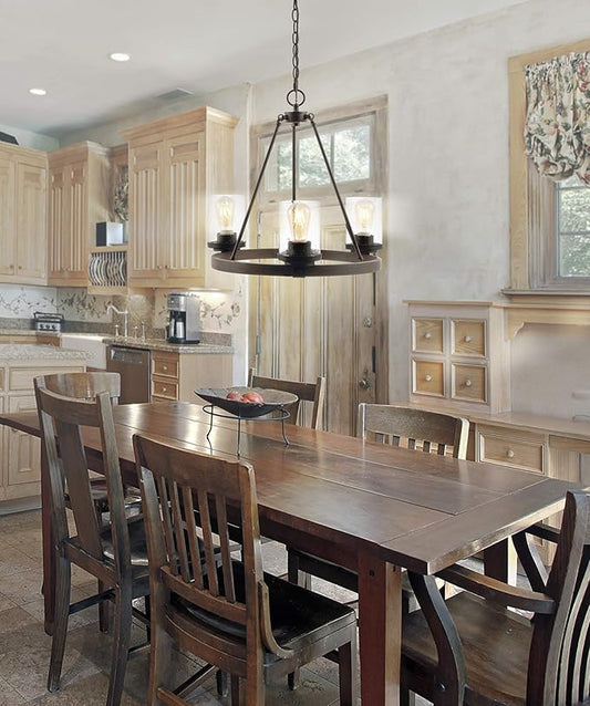 JONATHAN Y 20" Oil Rubbed Bronze 3-Light Rustic Farmhouse LED Chandelier, Round Metal Wagon Wheel Pendant Lighting for Dining Room Kitchen with Seeded Glass Shade JYL7511A