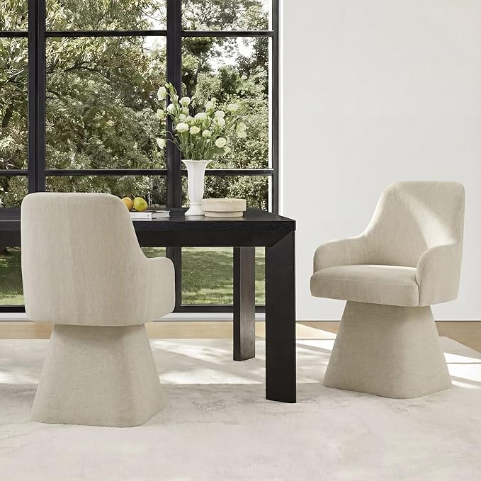 KISLOT Swivel Dining Chairs Set of 4, Mid Century Modern Chairs Fabric Upholstered Armchair with Armrest & Ergonomic Backrest for Dining Room, Kitchen, Bedroom, Living Room, Sand, 4 Boxs