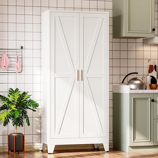 Bevivog 71" Kitchen Pantry Cabinet, Metal Storage Cabinet with 2 Doors and 4 Adjustable Shelves, Farmhouse Tall Metal Pantries Cabinets Storage for Kitchen, Home Office, Living Room, Laundry