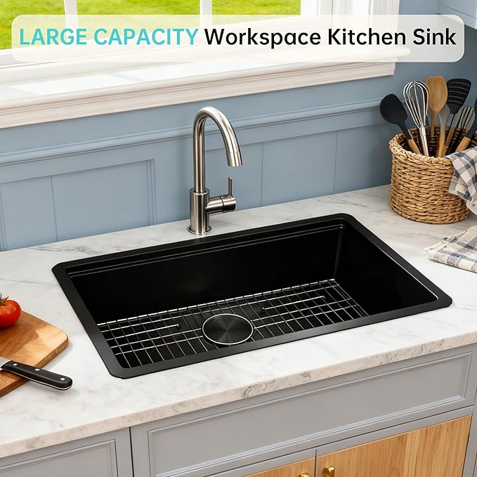 30 Inch Drop in Kitchen Sink Undermount Stainless Steel Kitchen Sinks,16 Gauge Top Mount Single Bowl Workstation Sink,Deep Handmade Kitchen Sink with Cutting Board & Strainer,Nano-coating,Black