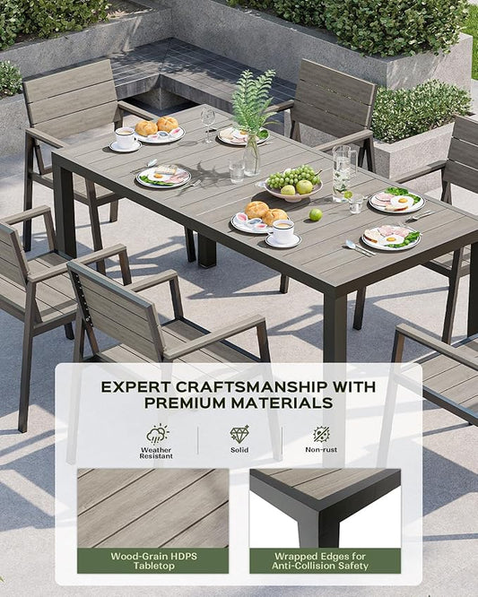 Vexwalx 67" HDPS Outdoor Patio Dining Table, Aluminum-Edged Outdoor Dining Table with Umbrella Hole, Weather-Resistant for Lawn, Garden, Poolside and Indoor Use, Gray