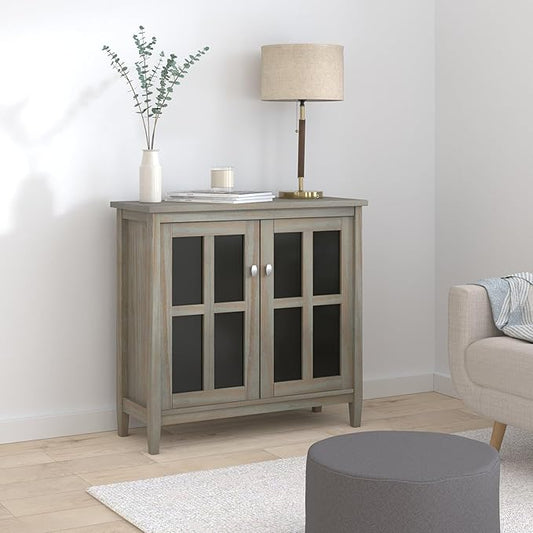SIMPLIHOME Warm Shaker Storage Cabinet - 32 inch Wide Solid Wood 2-Shelf Low Storage Cabinet in Distressed Grey, Transitional Accent Cabinet for Entryway with Tempered Glass Doors and Shelves
