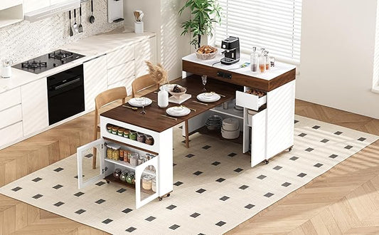 Extendable Kitchen Island Table: 1 Table 3 Sizes 19.9" to 73.8" - Rolling Mobile Dining Table with Power Outlet & Storage - Space-Saving for Small Apartments & Open Kitchens